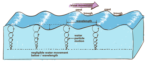 illustration of wave movement and water particle motion