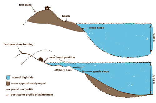 cross-section view of a beach's response to a storm event
