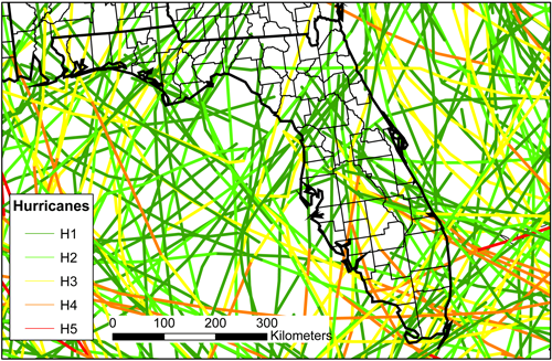 map showing paths of hurricanes close to Florida 1851-2006