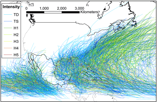 map showing tropical cyclones in the North Atlantic and Northeast Pacific ocean basins 1851-2006