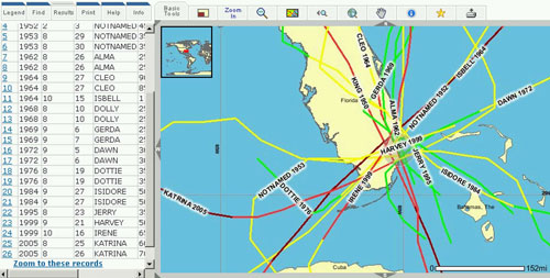 map fo hurricane tracks in south Florida