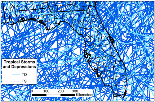 map showing paths of tropical depressions and tropical storms close to Florida 1851-2006