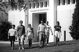Students leaving the new College of Education.