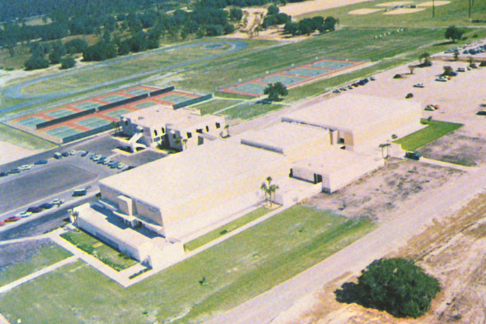 an arial view of the PE building