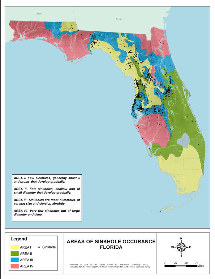 Map Of Sinkholes In Florida Areas Of Sinkhole Occurrence: Florida , 2008