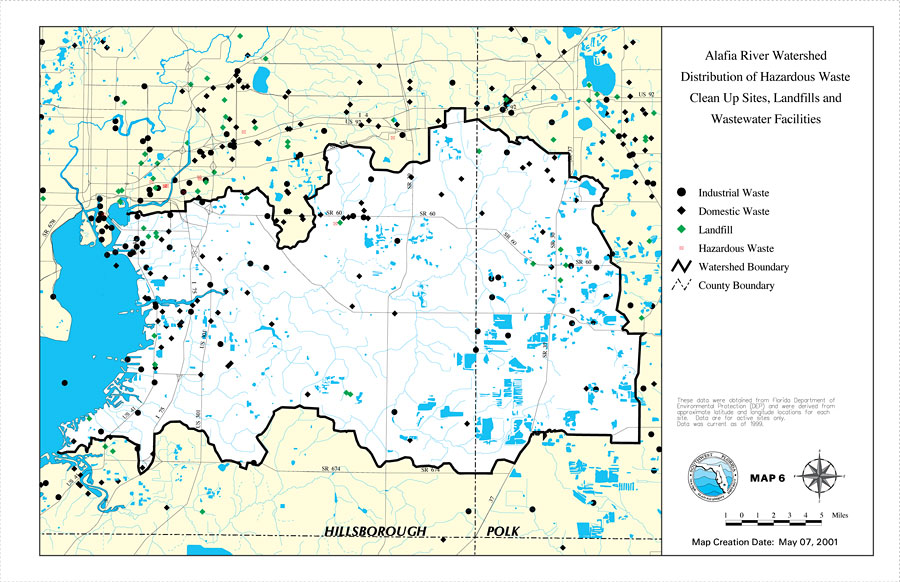 Alafia River Watershed Distribution of Hazardous Waste Clean Up Sites, Landfills and Wastewater Facilities- Map 6