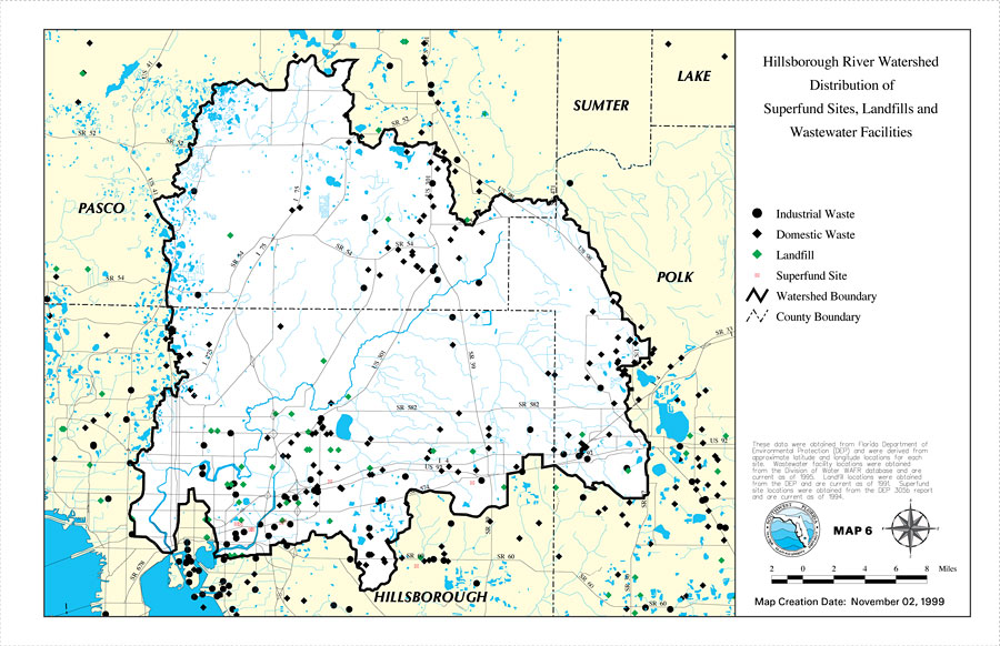 Hillsborough River Watershed Distribution of Superfund Sites, Landfills and Wastewater Facilities- Map 6