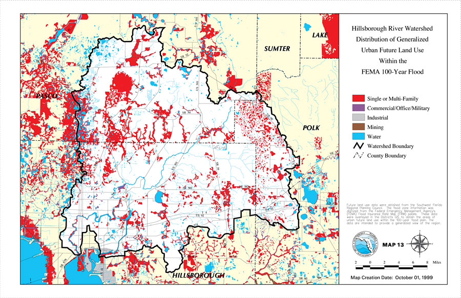 Hillsborough River Watershed Distribution of Generalized Urban Future Land Use Within the 100-Year Flood Plan- Map 13