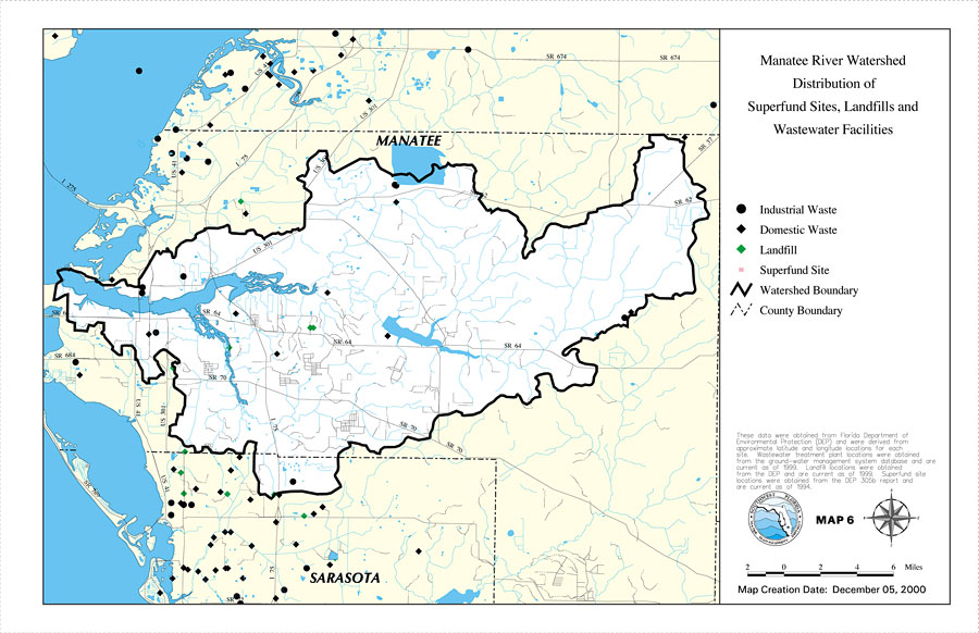 Manatee River Watershed Distribution of Superfund Sites, Landfills and Wastewater Facilities- Map 6