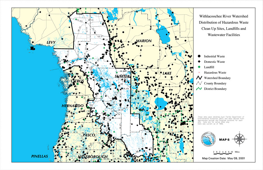 Withlacoochee River Watershed Distribution of Hazardous Waste Clean Up Sites, Landfills and Wastewater Facilities