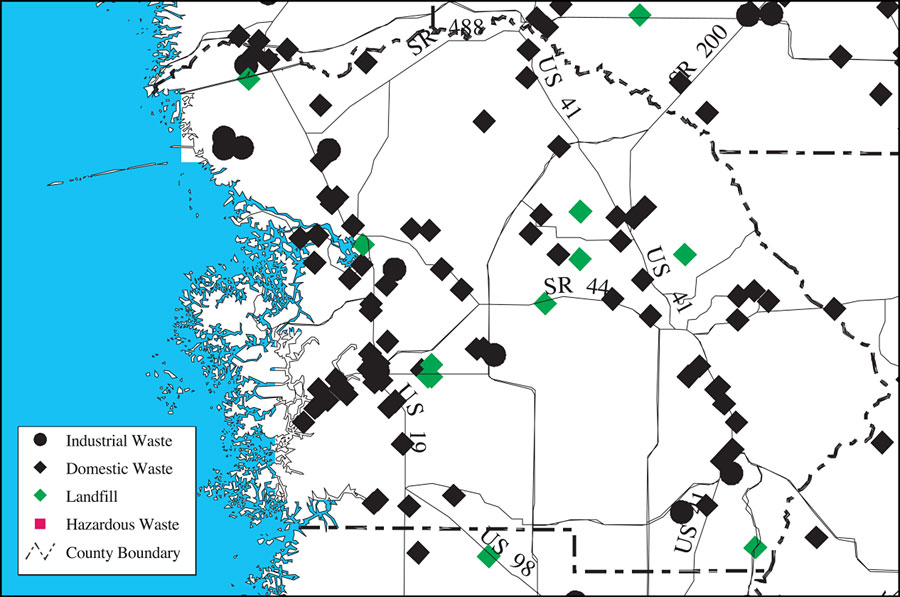 Withlacoochee River Watershed Distribution of Hazardous Waste Clean Up Sites, Landfills and Wastewater Facilities- Citrus County
