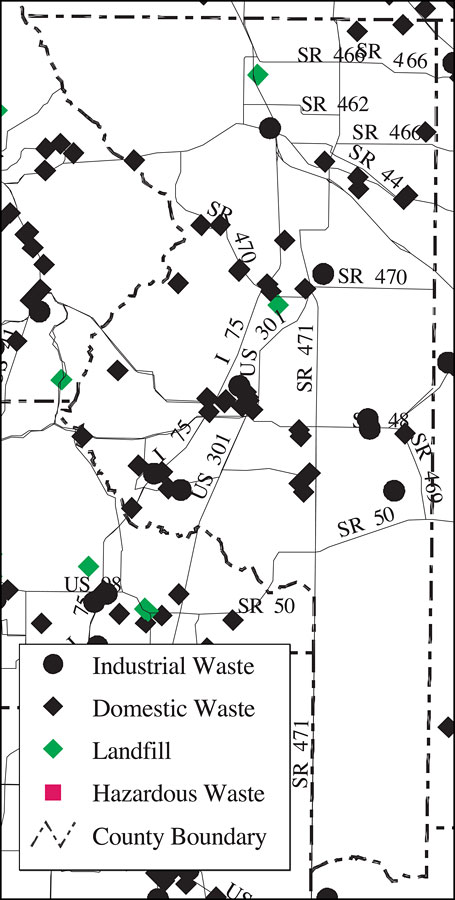 Withlacoochee River Watershed Distribution of Hazardous Waste Clean Up Sites, Landfills and Wastewater Facilities- Sumter County