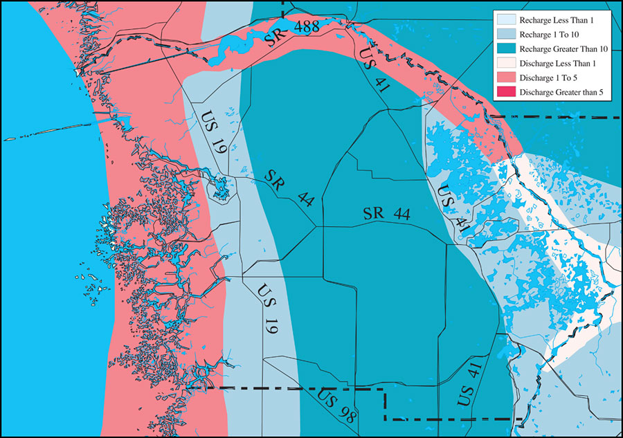 Withlacoochee River Watershed Recharge to/Discharge from the Floridan Aquifer In Inches Per Year- Citrus County