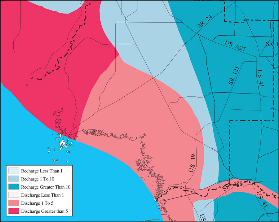 Withlacoochee River Watershed Recharge to/Discharge from the Floridan Aquifer In Inches Per Year- Levy County
