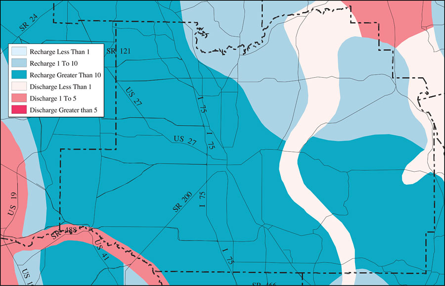 Withlacoochee River Watershed Recharge to/Discharge from the Floridan Aquifer In Inches Per Year- Marion County