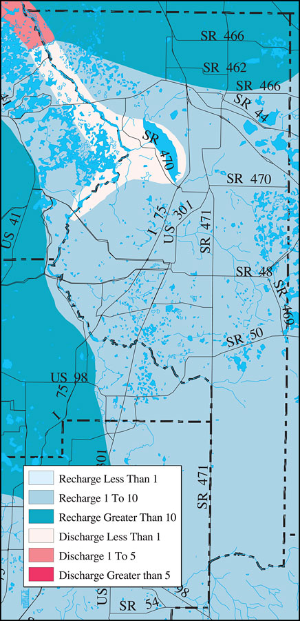Withlacoochee River Watershed Recharge to/Discharge from the Floridan Aquifer In Inches Per Year- Sumter County