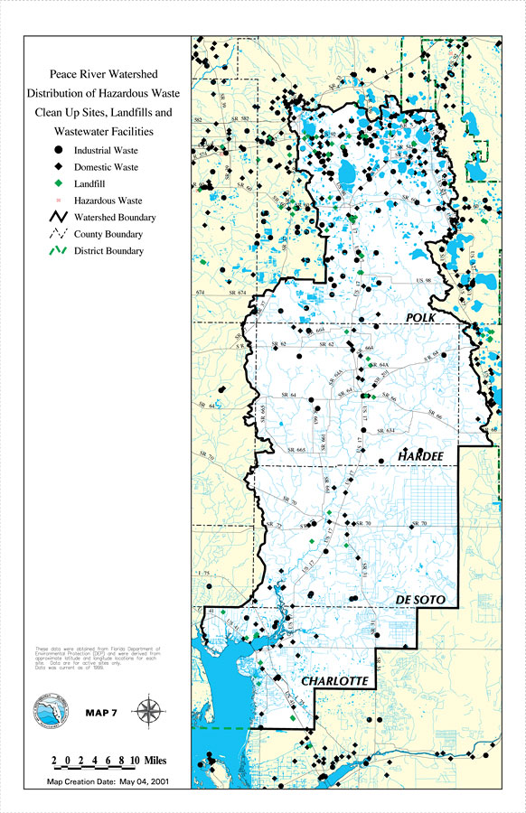 Peace River Watershed Distribution of Hazardous Waste Clean Up Sites, Landfills and Wastewater Facilities