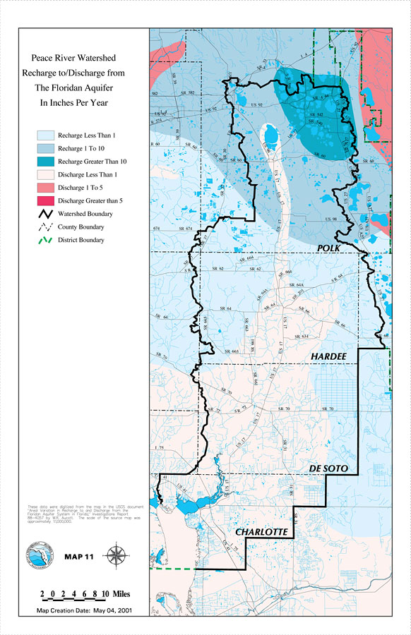 Peace River Watershed Recharge to/Discharge from the Floridan Aquifer in Inches Per Year