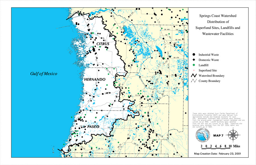 Springs Coast Watershed Distribution of Superfund Sites, Landfills and Wastewater Facilities