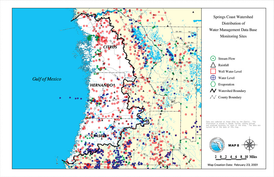 Springs Coast Watershed Distribution of Water Management Data Base Monitoring Sites