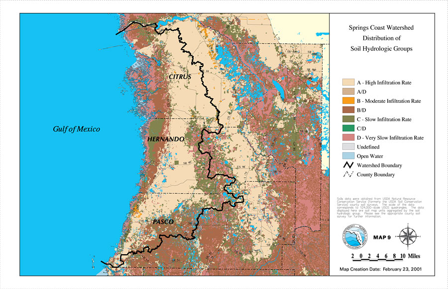 Springs Coast Watershed Distribution of Soil Hydrologic Groups
