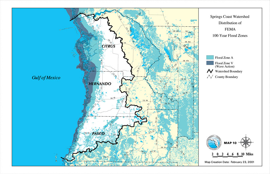 Springs Coast Watershed Distribution of FEMA 100-Year Flood Zones