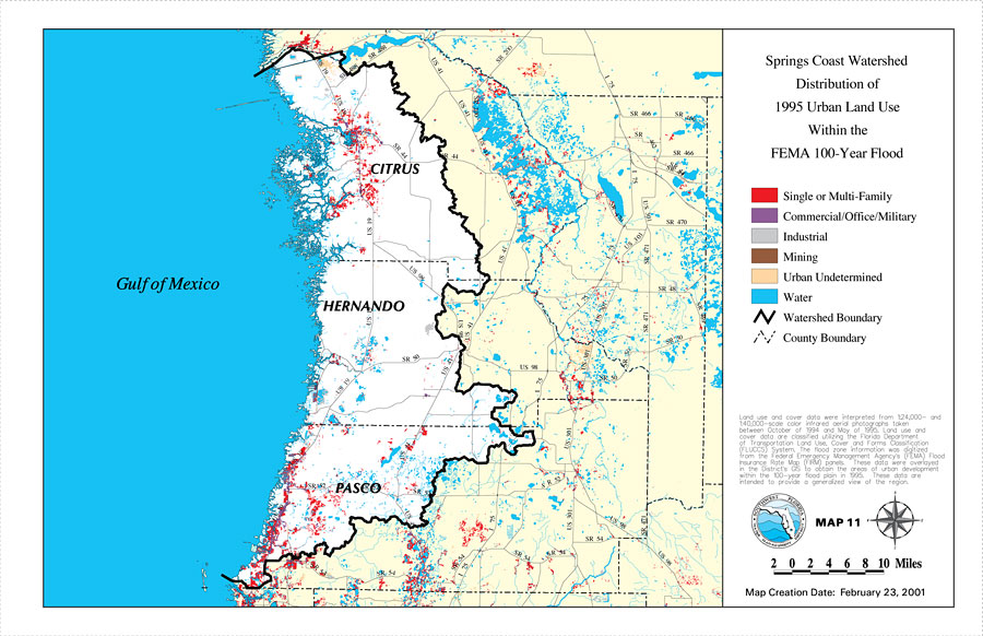 Springs Coast Watershed Distribution of 1995 Urban Land Use Within the FEMA 100-Year Flood