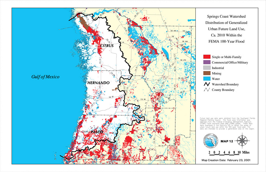 Springs Coast Watershed Distribution of Generalized Urban Future Land Use, Ca. 2010 Within the FEMA 100-Year Flood