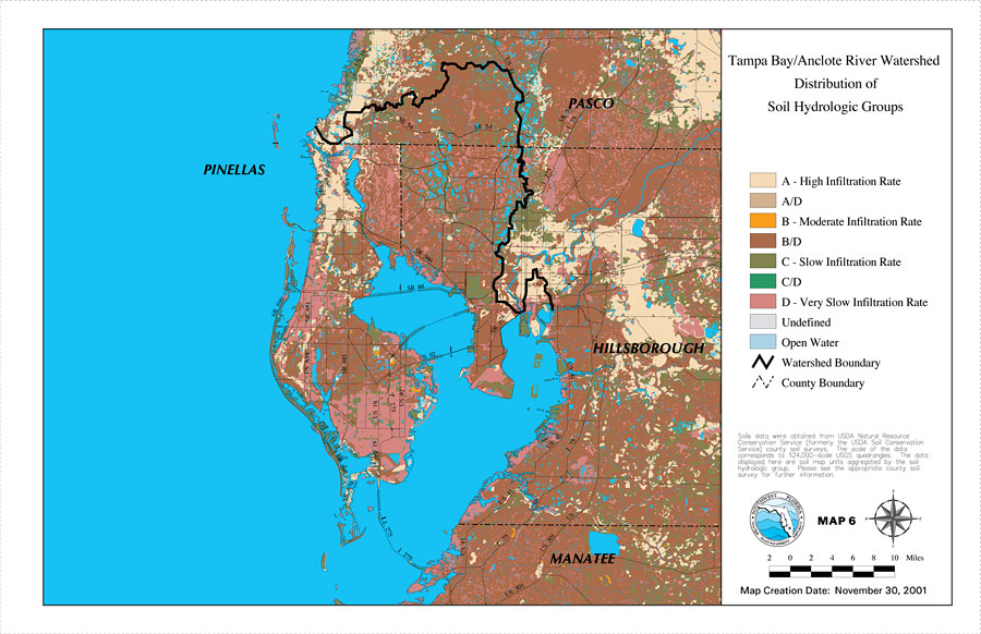 Tampa Bay/Anclote River Watershed Distribution of Soil Hydrologic Groups