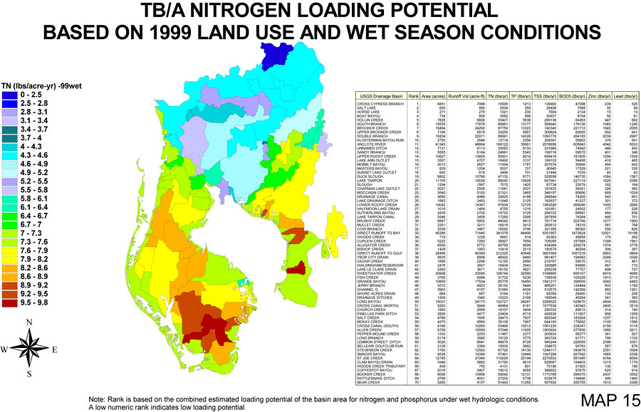 Tampa Bay/Anclote River Watershed Nitrogen Loading Potential Based on 1999 Land Use and Wet Season Conditions