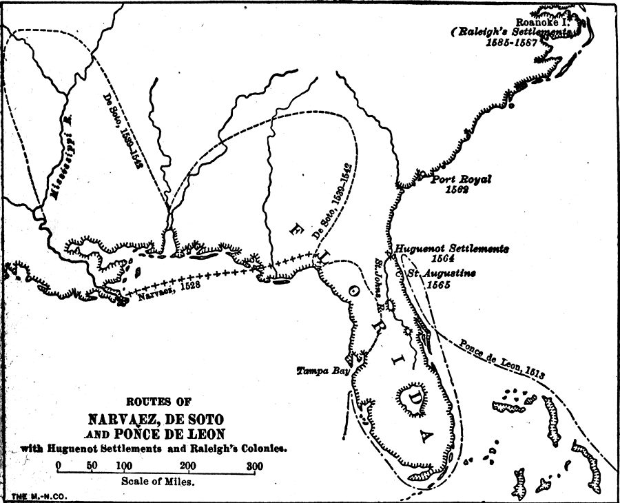 Routes of Narvaez, De Soto, and Ponce De Leon