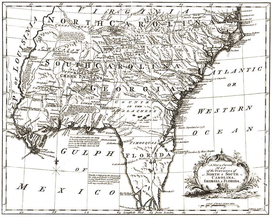 A new and correct map of the provinces of North & South Carolina, Georgia and Florida.