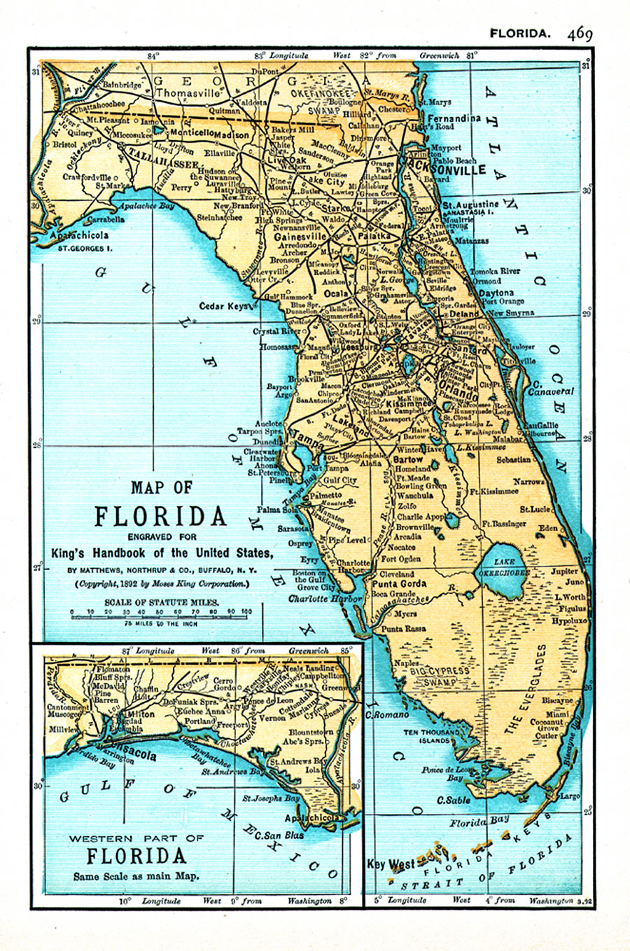 Map of Florida engraved for King's handbook of the United States