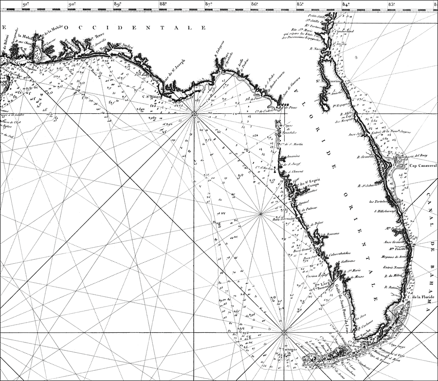 Carte des cotes du Golfe du Mexique : compris entre la pointe Sud de la presqu'lle de la Floride et la pointe Nord de la presqu'lle d'Yucatan : dresse d'apres les observations et les plans des Espagnols