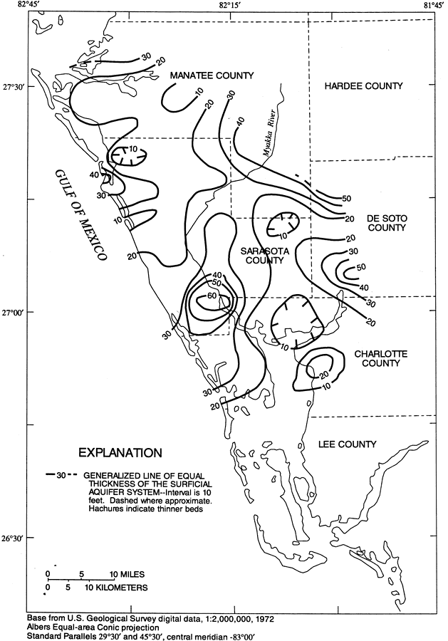 Generalized Thickness of the Surficial Aquifer System in Southwest Florida