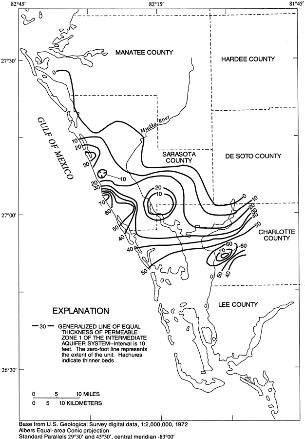 Generalized Thickness and Extent of Permeable Zone 1 of the Intermediate Aquifer System in Southwest Florida