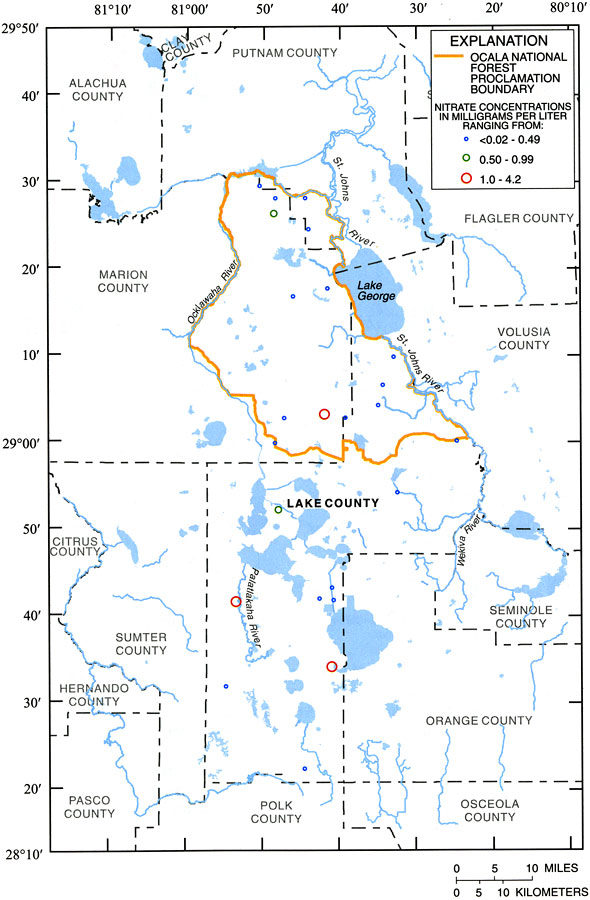 Concentrations of Nitrate in Groundwater from the Surficial Aquifer of Ocala National Forest and Lake County