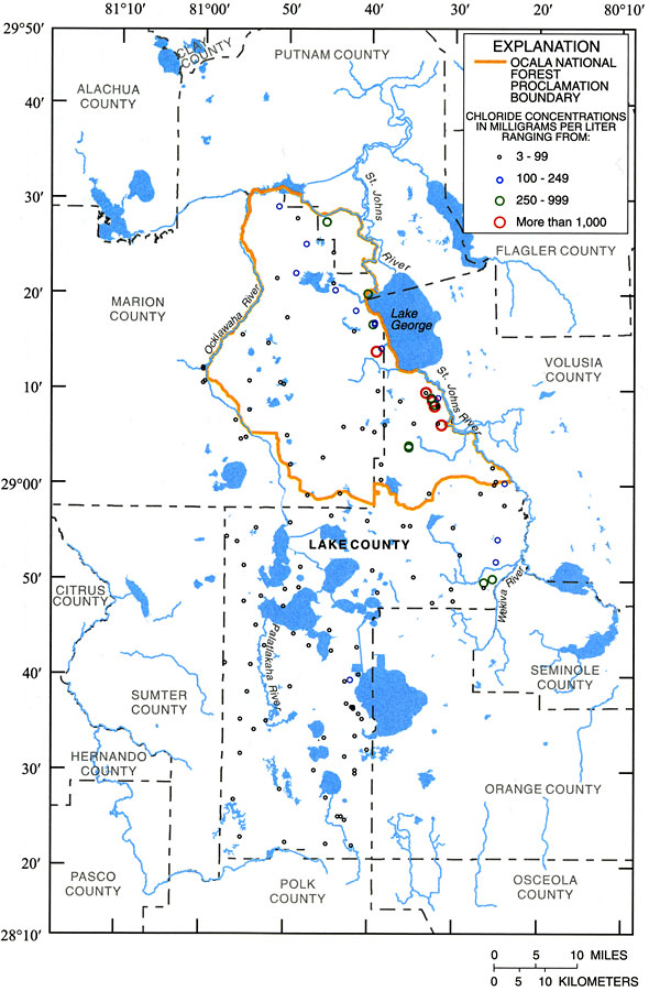 Concentrations of Chloride in Groundwater from the Upper Floridan Aquifer of Ocala National Forest and Lake County