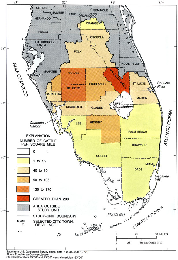Cattle per Square Mile per County in South Florida, 1992
