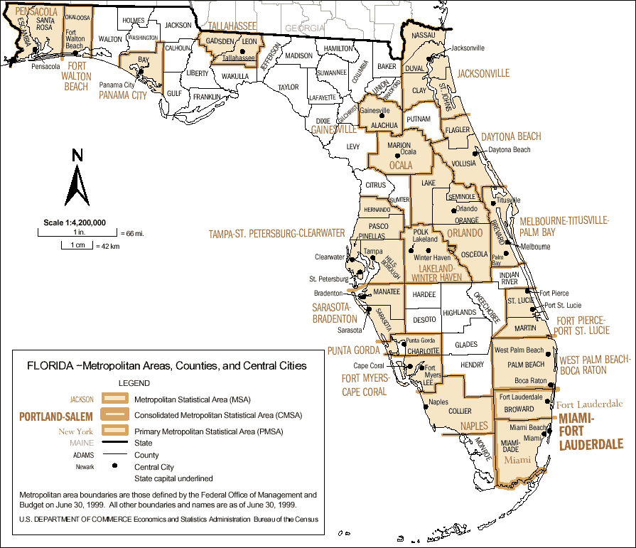 Florida Metropolitan Areas Counties And Central Cities 1999