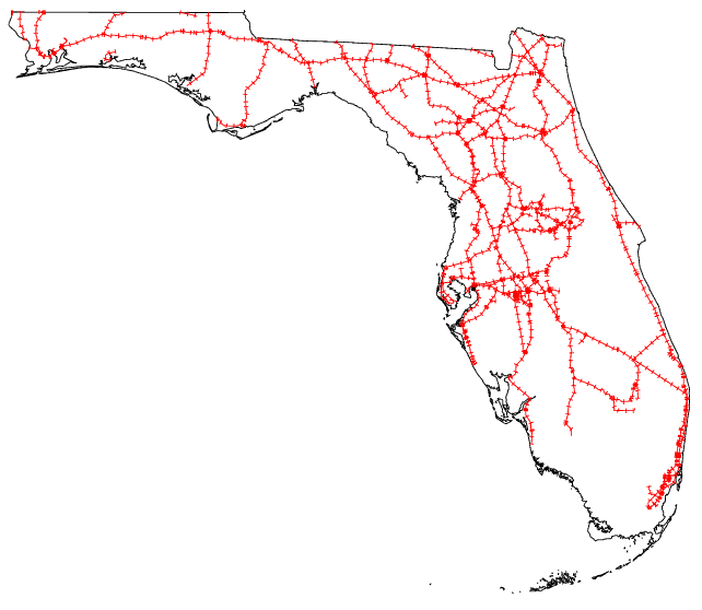 An outline map of Florida railroads