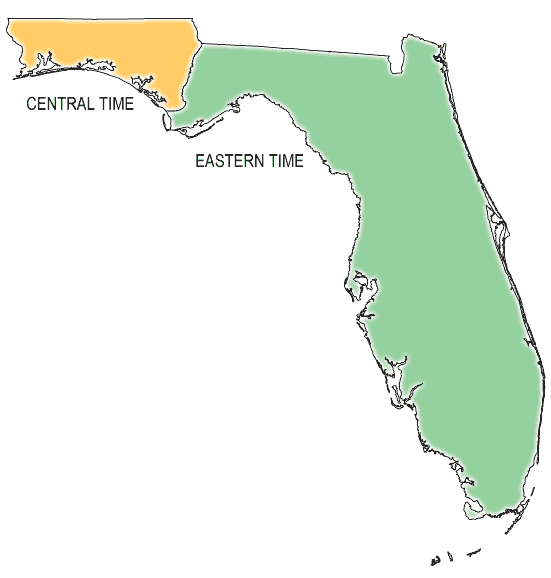 A map showing Florida's time zones
