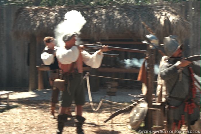 Conquistadors firing muskets
