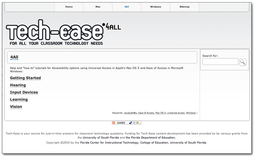 Screenshot of Tech-Ease for All menu page listing the following five sub-headings: getting started, hearing, input devices, learning, and vision.