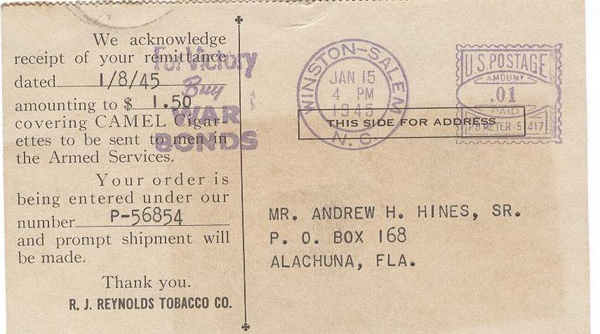 Form for sending cigarettes overseas to POWs (Page 1)