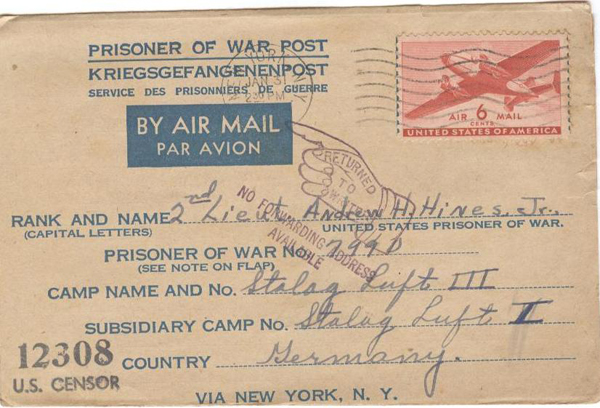 The envelopes of letters sent to Andrew Hines from his parents while he was a POW (2 of 4)