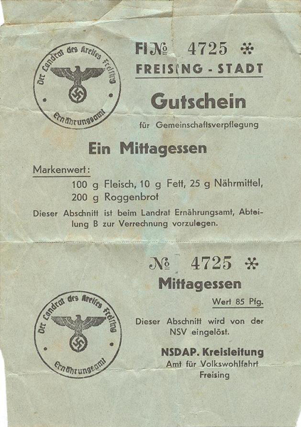 German lunch card issued at POW camp
