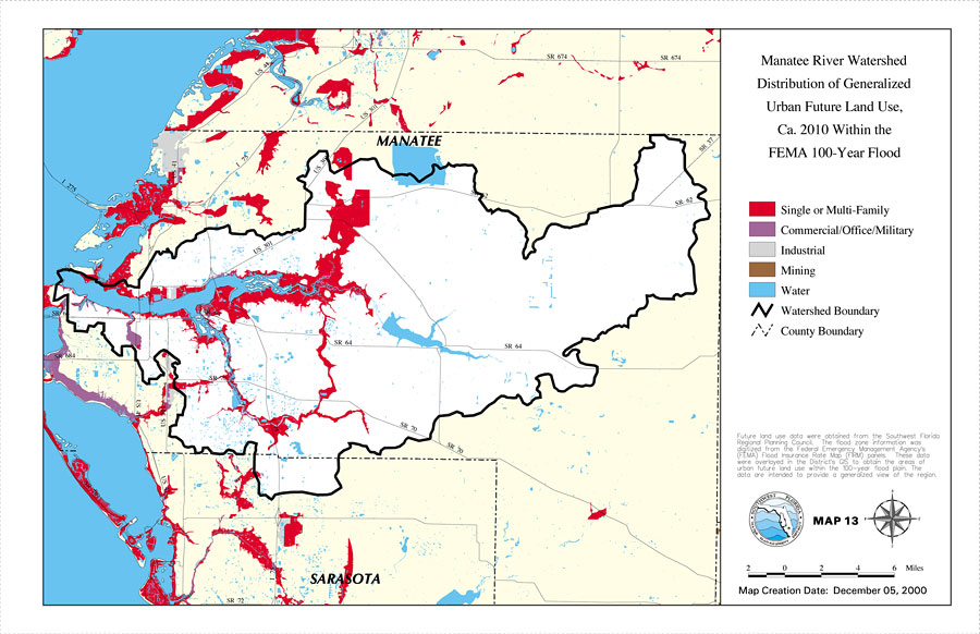 Manatee River Watershed Distribution of Generalized Urban Future Land Use, Ca. 2010 Within the FEMA 100-Year Flood Zone- Map 13