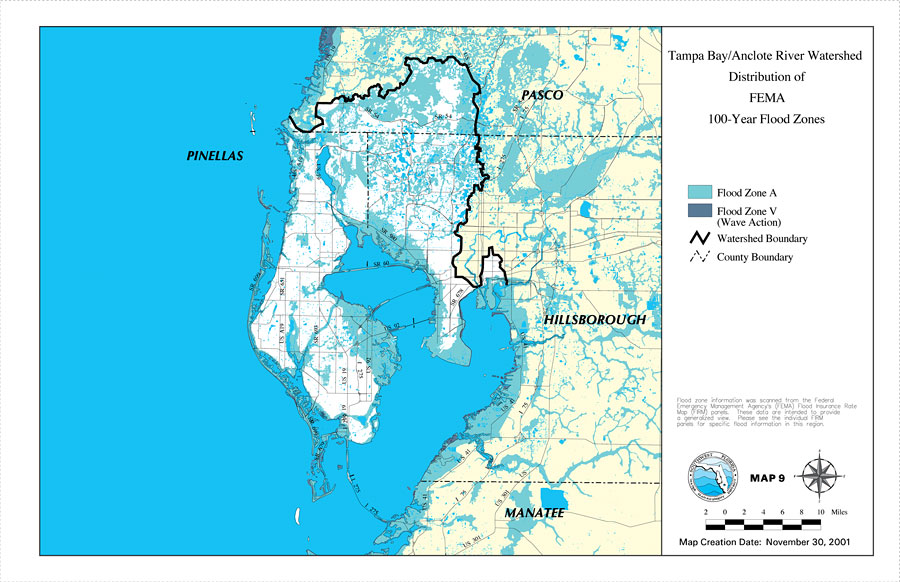 Tampa Bay/Anclote River Watershed Distribution of FEMA 100-Year Flood Zones