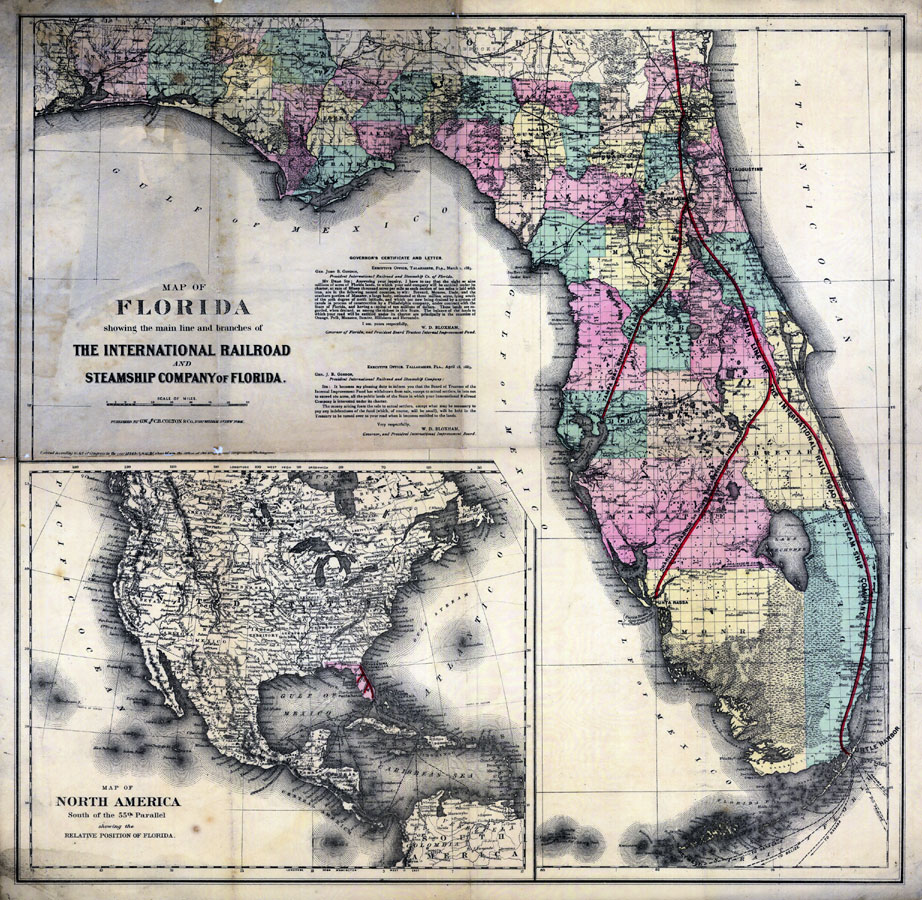 Map of Florida showing the main line and branches of the International Railroad and Steamship Company of Florida